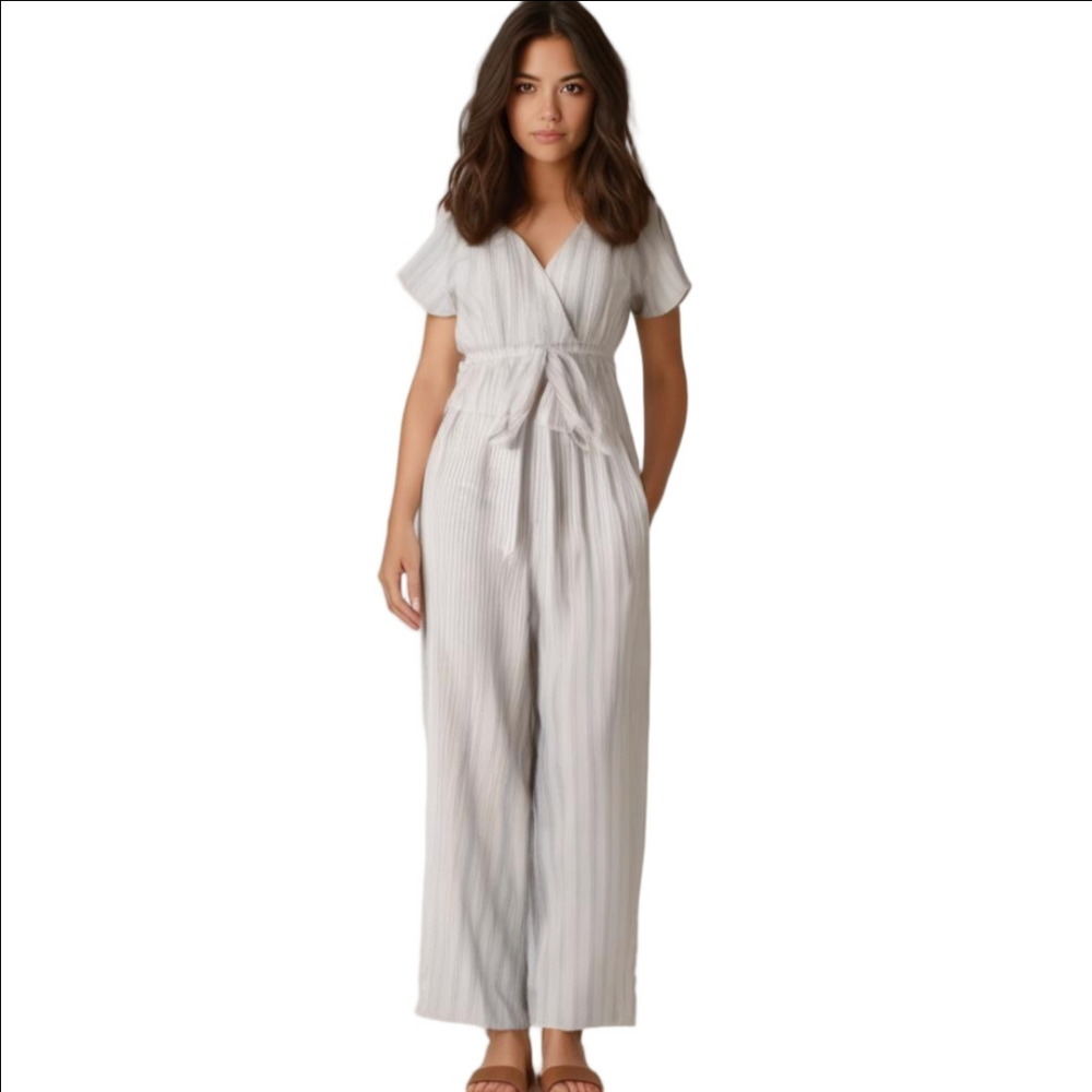 Hint Of Blush Wide Leg Reglan Short Sleeve Deep V Neck Striped Cream Jumpsuit XL